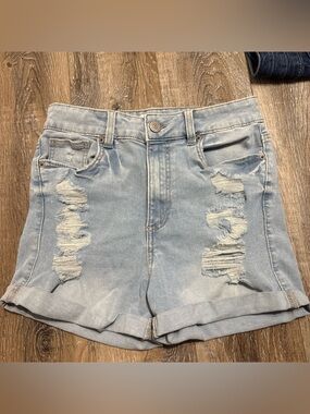 refuge Light Blue Distressed High-Waist Jean Shorts